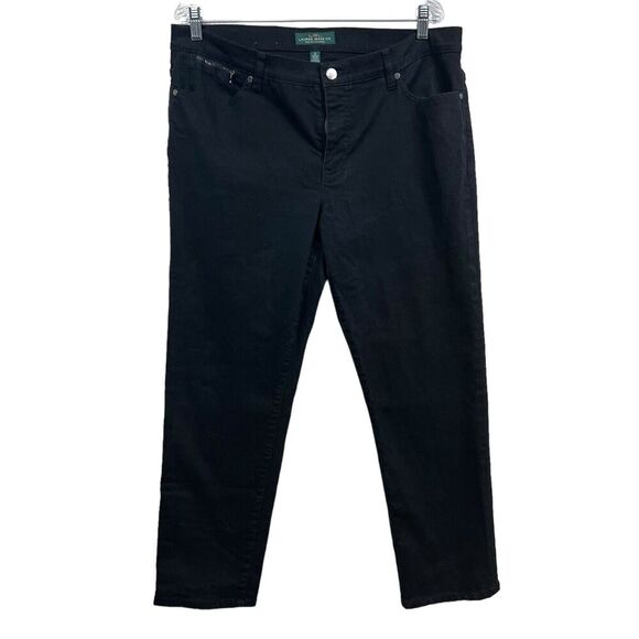 LRL Ralph Lauren Womens Jeans Stretch Tapered‎ Leg 5 Pockets Zip Fly Black Sz 16 - Picture 1 of 8